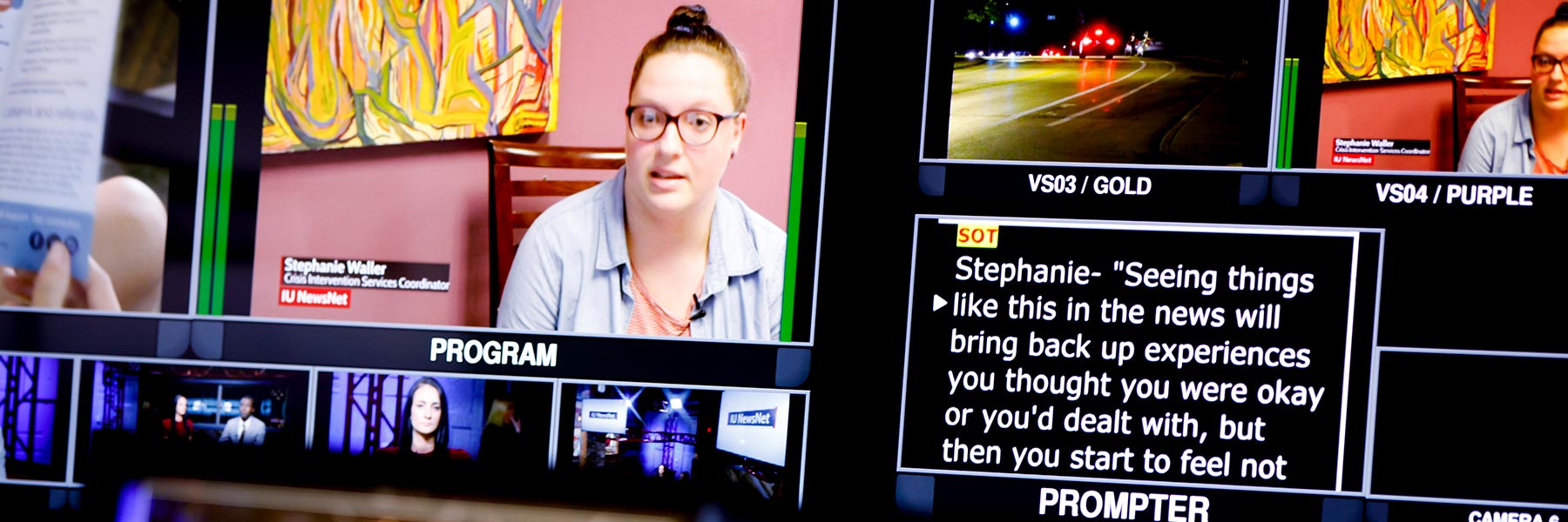 Multiple screens show different video recordings and the teleprompter screen